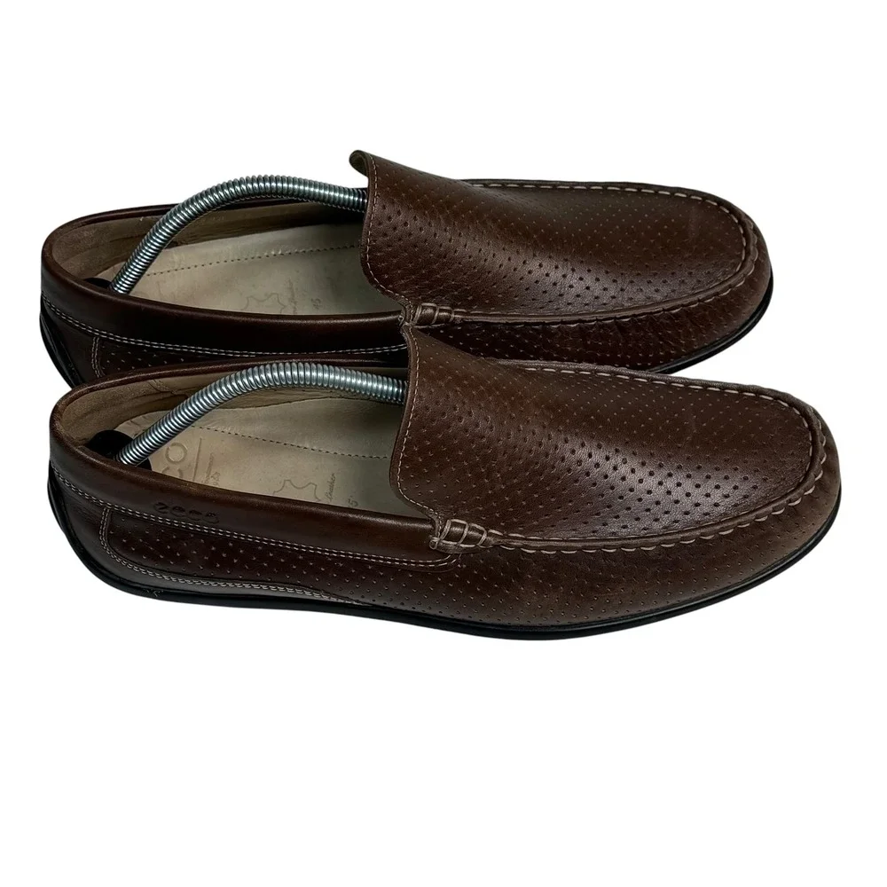 ECCO Men Brown Leather Perforated Moccasin Loafers EU 45 US 11-11.5 Driving Shoe